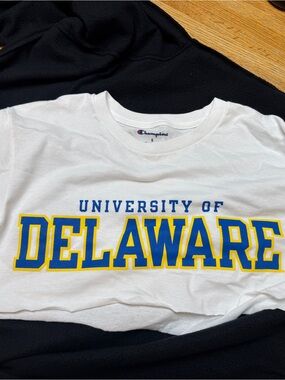 Champion White T-Shirt with Blue and Yellow Delaware Print